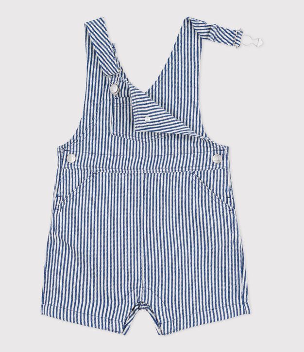 Salopette corta in serge beb&egrave;a righe neonato blu/bianco