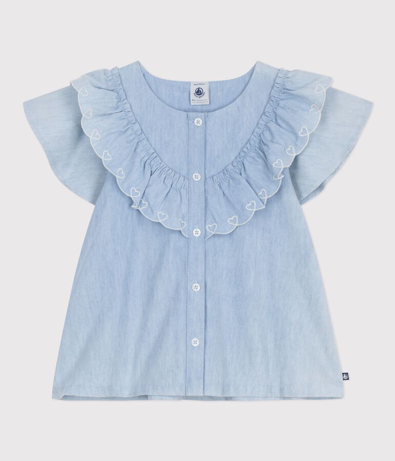 Blusa a maniche corte in cotone tinta unita bambina blu