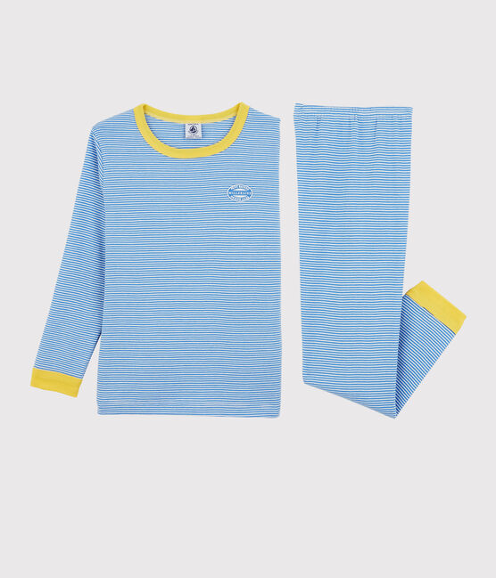 Pigiama bambina/bambino rigato millerighe in cotone biologico blu BRASIER/grigio MARSHMALLOW