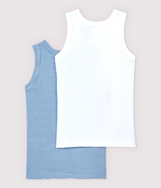 Confezione da 2 canottiere millerighe blu bambino in cotone biologico variante 1