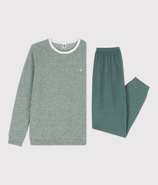 Pigiama millerighe bambina/bambino in cotone verde VALLEE/bianco MARSHMALLOW