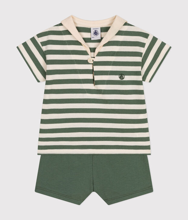 Set beb&egrave; t-shirt e pantaloncini in jersey verde/ecru