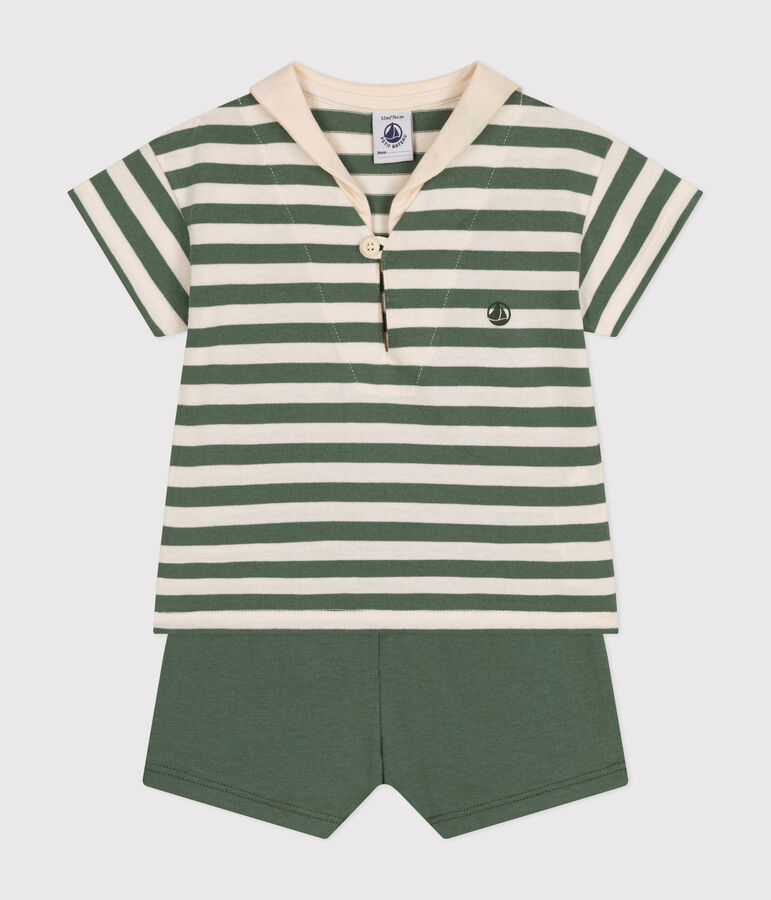 Set beb&egrave; t-shirt e pantaloncini in jersey verde/ecru