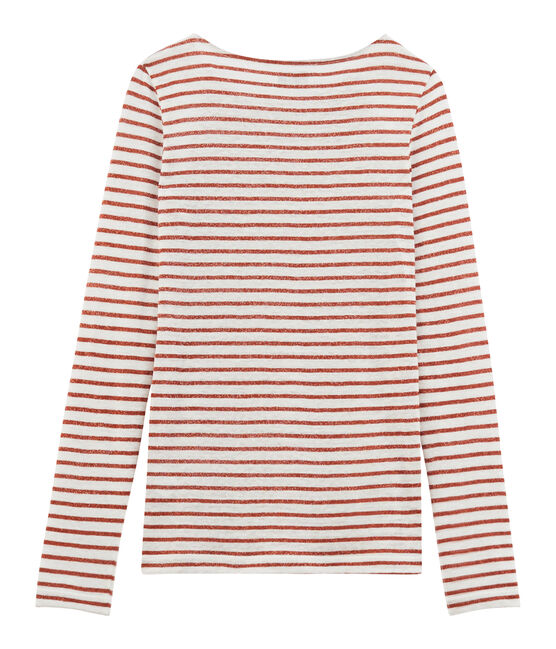T-shirt maniche lunghe donna in lino bianco MARSHMALLOW/rosa COPPER CN