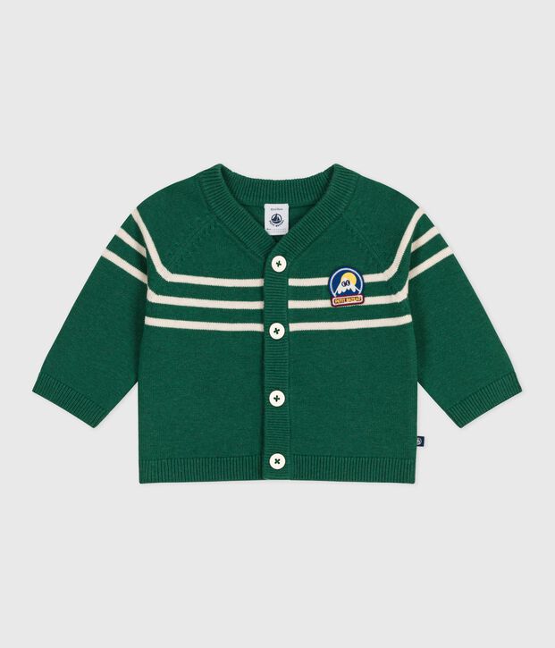Cardigan in maglia di misto lana e cotone a righe neonato verde/ecru