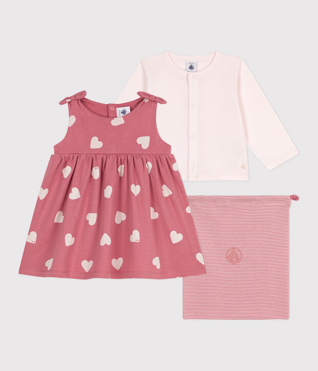 Set due pezzi neonato in cotone con cardigan tinta unita e abito con stampa rosa/multicolore