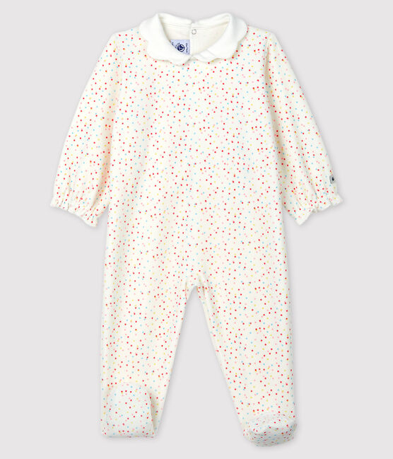 Tutina pigiama pois colorati bebè femmina in ciniglia bianco MARSHMALLOW/bianco MULTICO