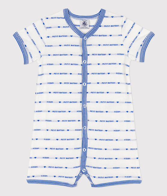 Tutina corta in jacquard di cotone bebè bianco MARSHMALLOW/blu PERSE