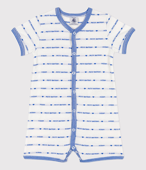 Tutina corta in jacquard di cotone beb&egrave; bianco/blu