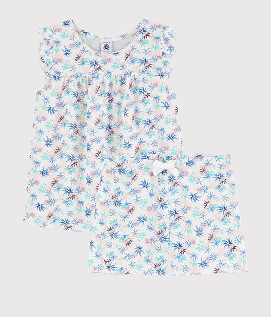 Pigiama corto fantasia anemoni bambina in cotone sottile bianco MARSHMALLOW/bianco MULTICO