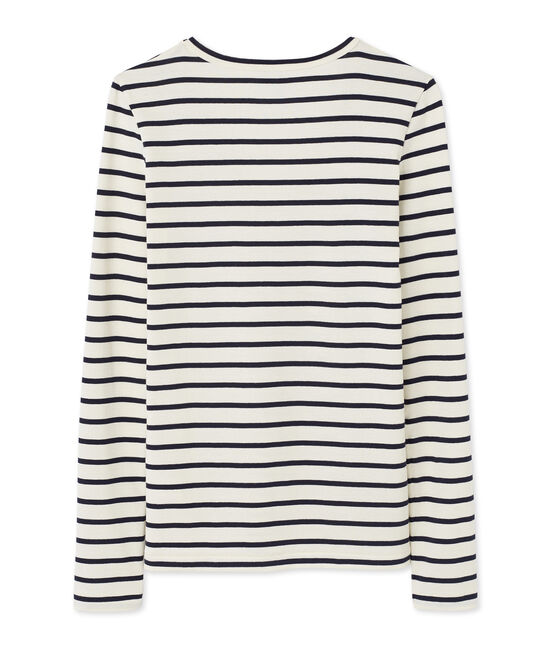 T-shirt donna a maniche lunghe a righe con scollo a V beige COQUILLE/blu SMOKING