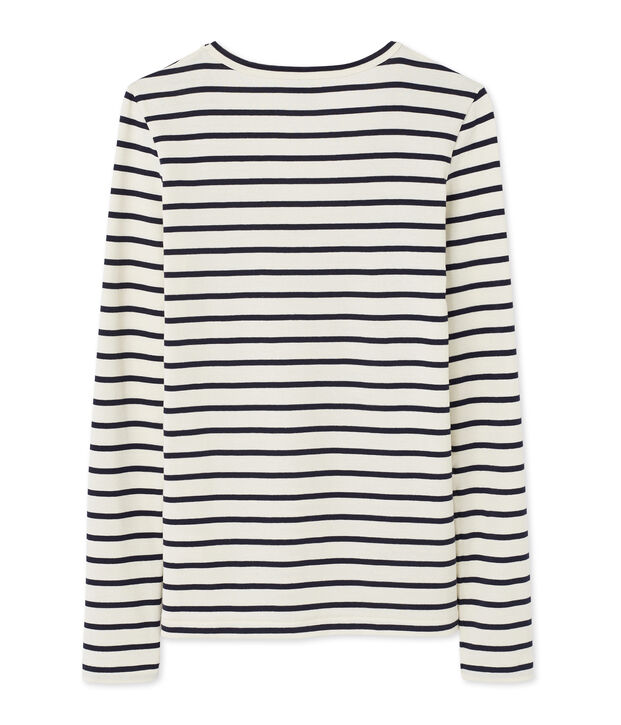 T-shirt donna a maniche lunghe a righe con scollo a V bianco/blu