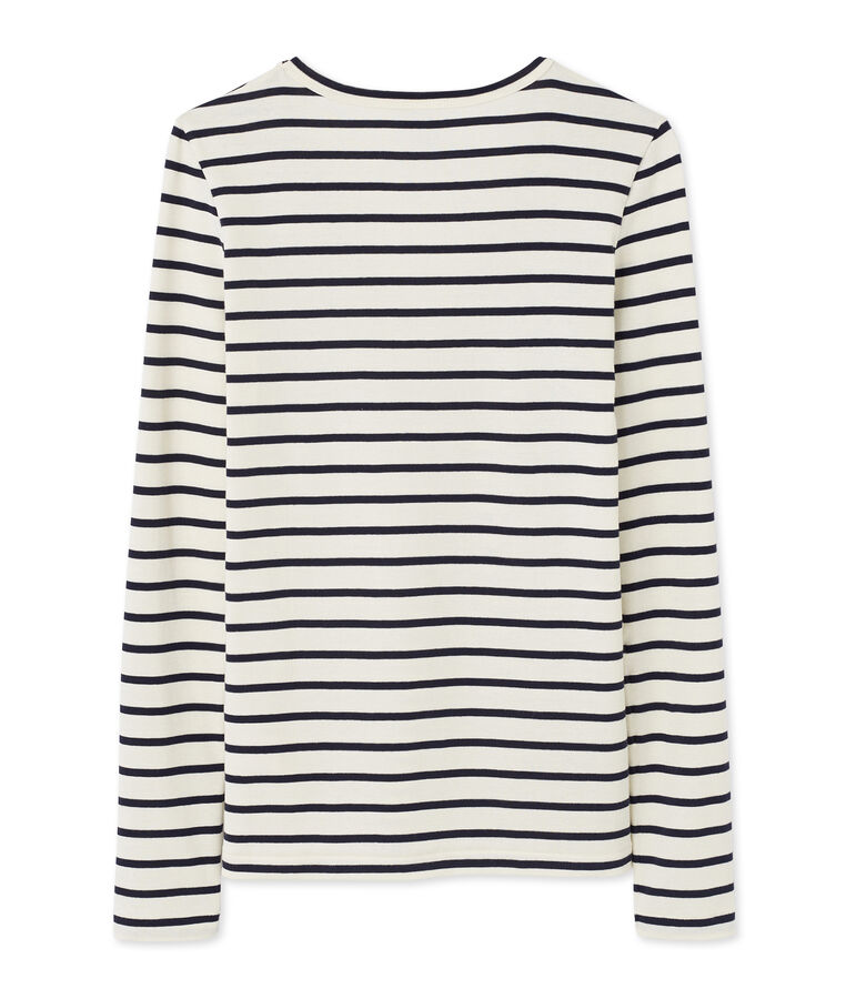 T-shirt donna a maniche lunghe a righe con scollo a V beige COQUILLE/blu SMOKING