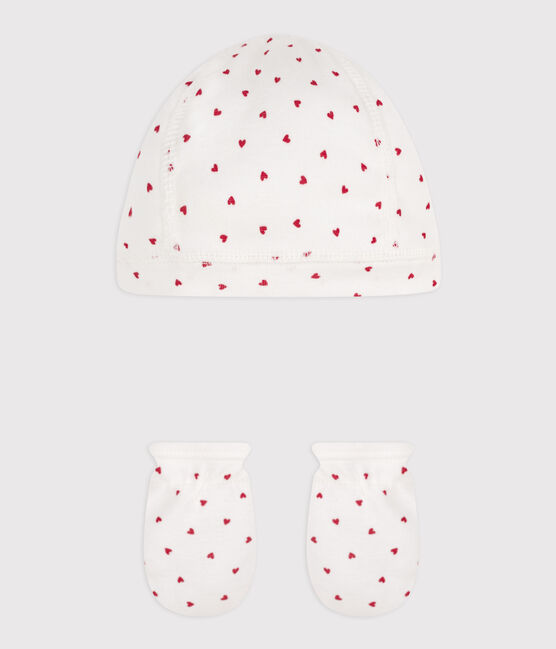 Confezione cuffietta e muffole a cuori in cotone variante 1