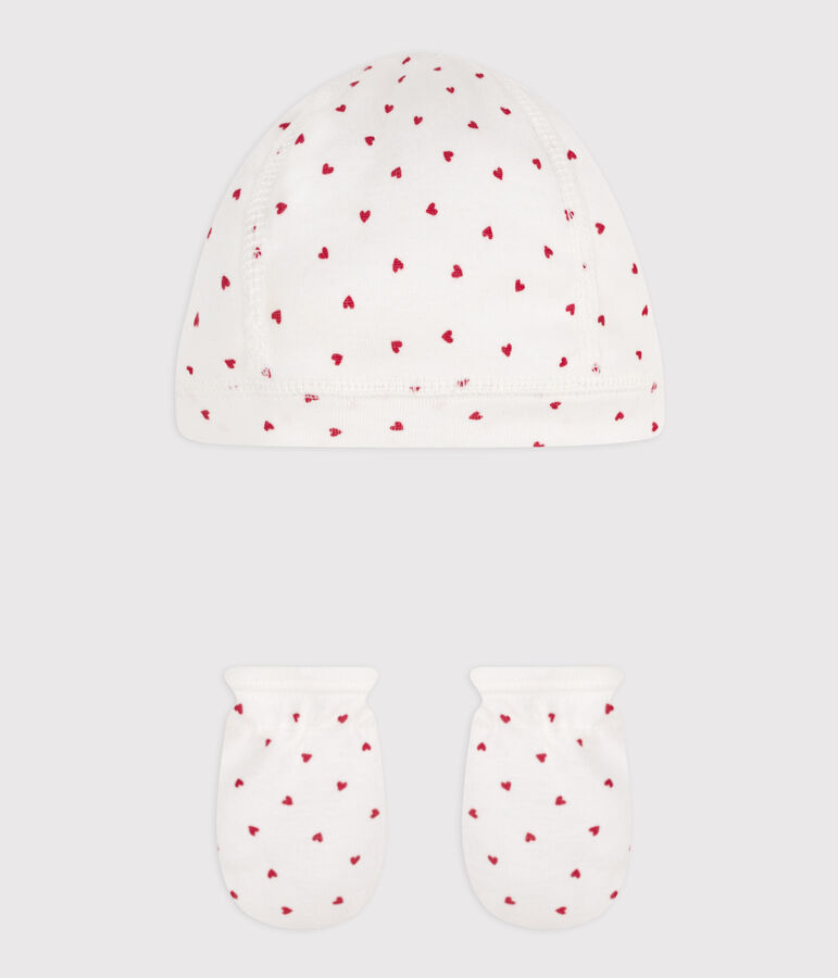 Confezione cuffietta e muffole a cuori in cotone multicolore