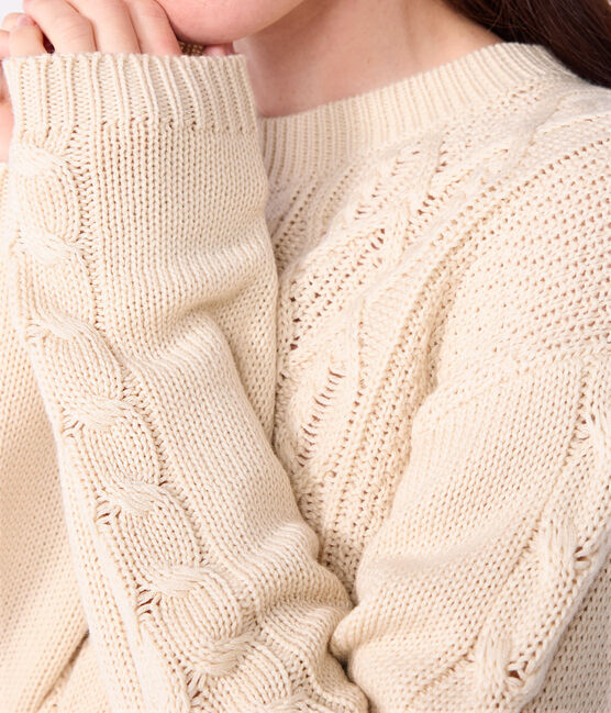 Maglione in misto lana e cotone tinta unita a trecce donna ecru AVALANCHE