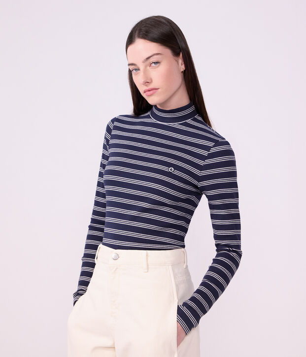 Dolcevita in cotone a righe donna blu/bianco