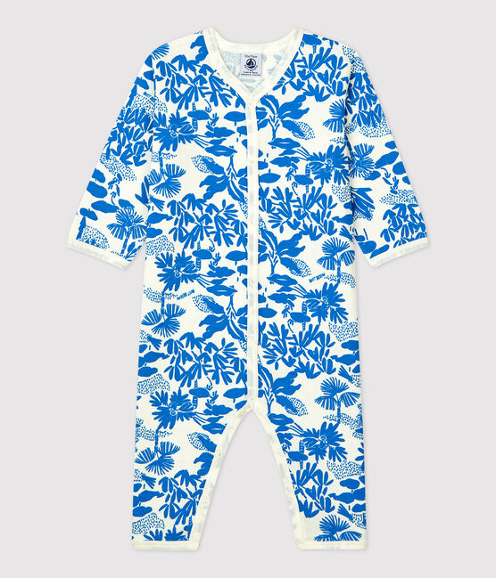 Tutina pigiama stampa vegetale senza piedi bebè in cotone bianco MARSHMALLOW/blu BRASIER