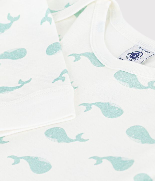Pigiama senza piedi in cotone con balene stampate neonato bianco/blu