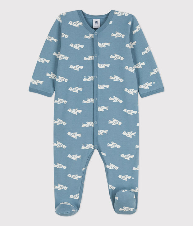 Tutina pigiama beb&egrave; in tessuto felpato blu/ecru