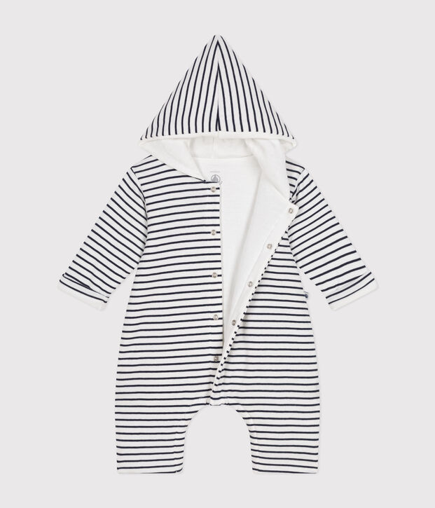 Tutina lunga beb&egrave; in ovattina con cappuccio in cotone bianco/blu
