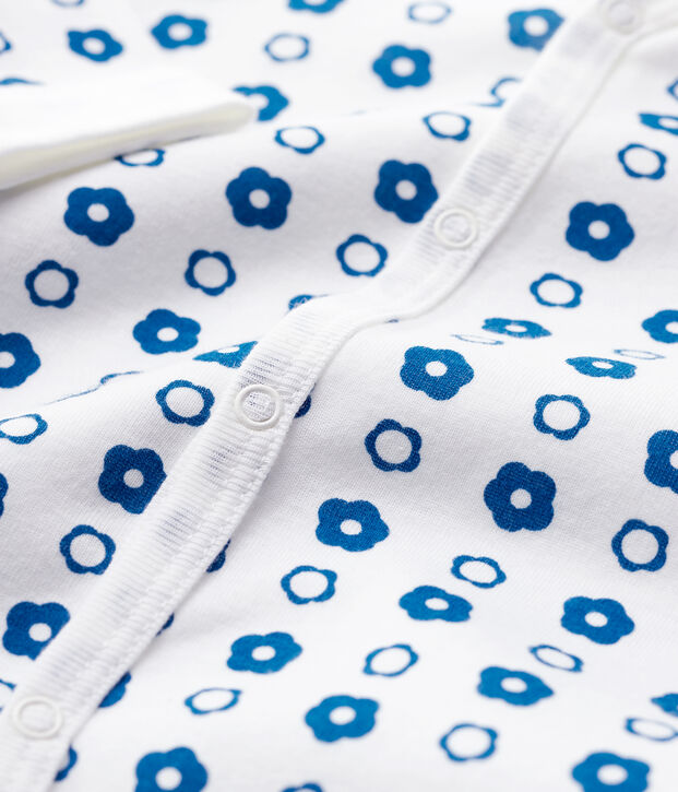 Tutina pigiama beb&egrave; a fiori a costine 1x1 di cotone biologico bianco/blu