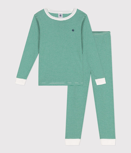 Pigiama molto aderente bambino in cotone a righe verde JARDIN/ MARSHMALLOW