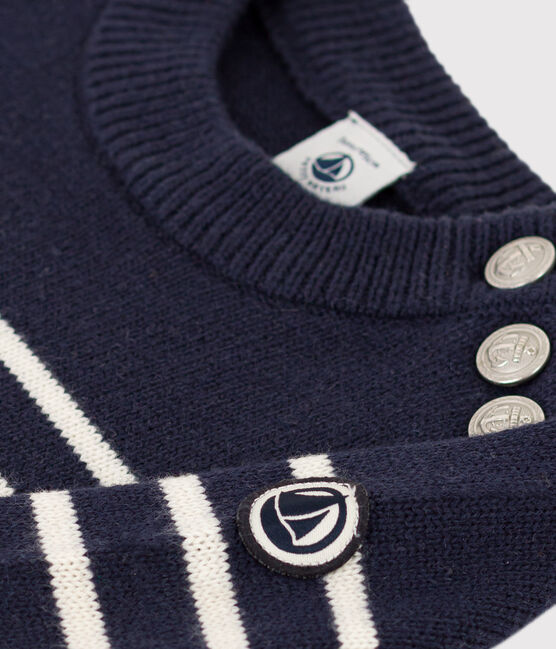 Pullover bambina/bambino in lana e cotone blu SMOKING/bianco MARSHMALLOW