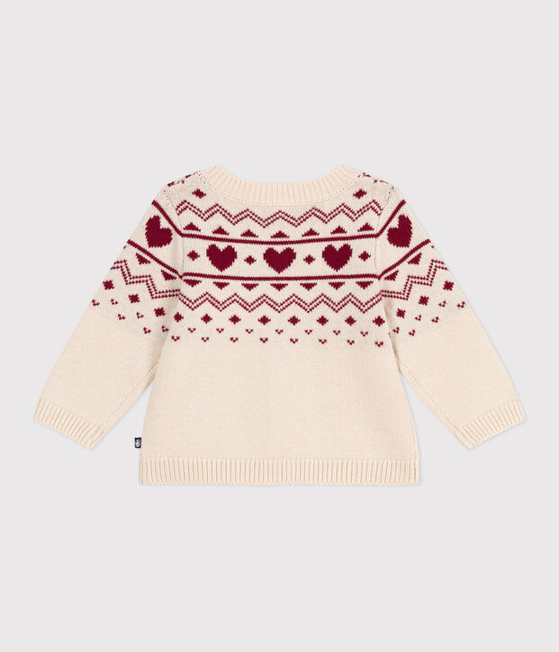 Cardigan in maglia di misto lana e cotone con motivo a cuori neonata ecru/rosso