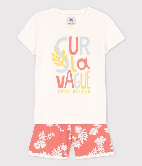 Pigiama corto fantasia hawaiana rosa bambina in cotone bianco MARSHMALLOW/ PAPAYE