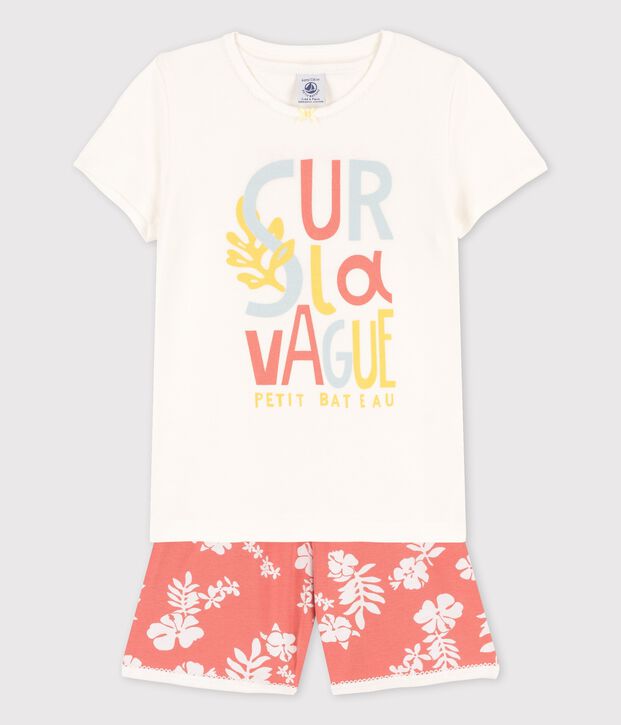 Pigiama corto fantasia hawaiana rosa bambina in cotone bianco/rosa