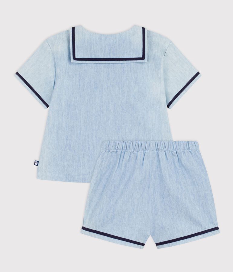 Completo neonato 2 pezzi in chambray con T-shirt con colletto alla marinara blu BLEU CLAIR