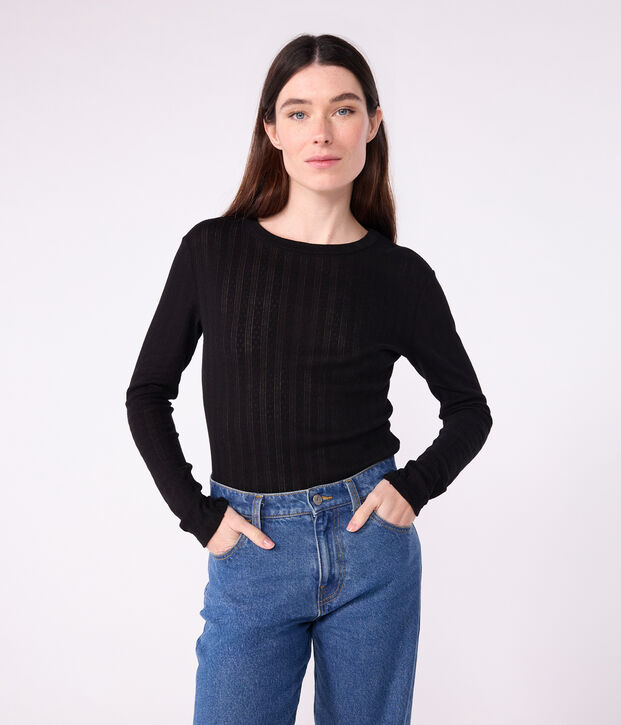 T-shirt L'Iconique a maniche lunghe in cotone traforato donna nero