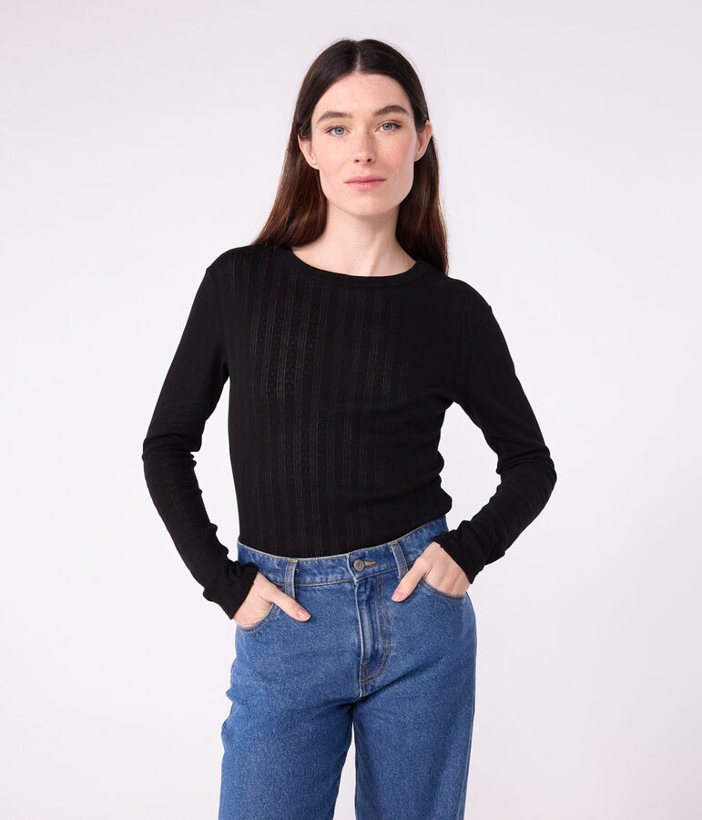 T-shirt L'Iconique a maniche lunghe in cotone traforato donna nero