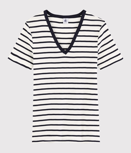 T-shirt scollo a V iconica in cotone a righe Donna bianco MARSHMALLOW/blu SMOKING