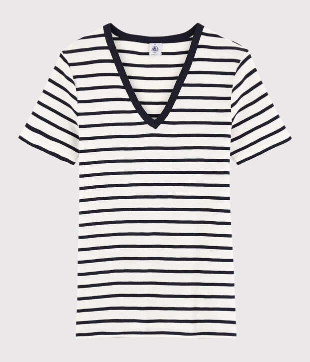 T-shirt scollo a V iconica in cotone a righe Donna bianco/blu