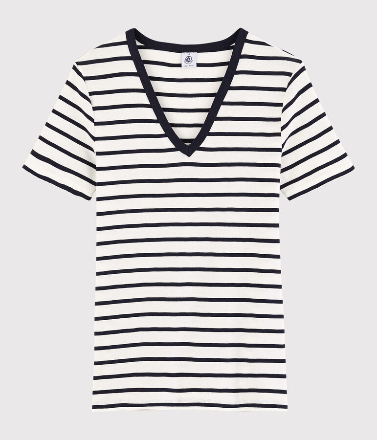 T-shirt scollo a V iconica in cotone a righe Donna bianco/blu