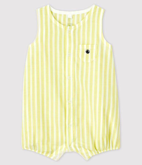 Tuta corta a righe gialle bebè in popeline di cotone biologico giallo JAUNE/bianco MARSHMALLOW