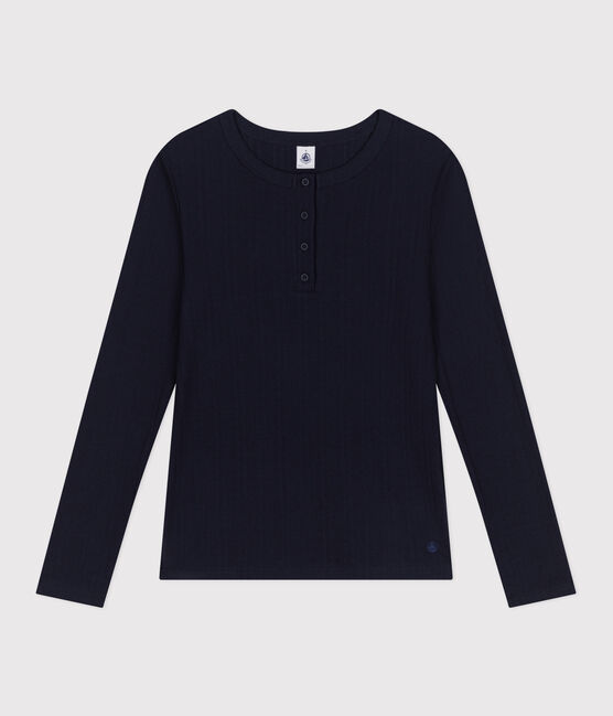 T-shirt a maniche lunghe con collo alla tunisina a effetto coste in tinta unita donna blu SMOKING