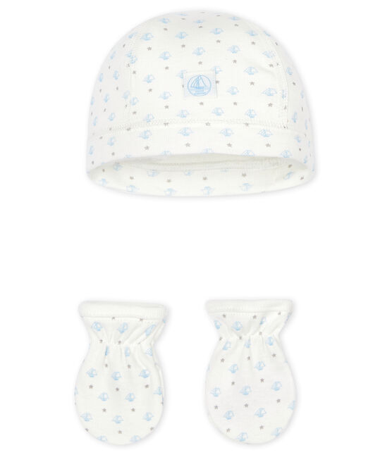 Confezione con cuffietta nascita e muffole bebè a costine variante 2