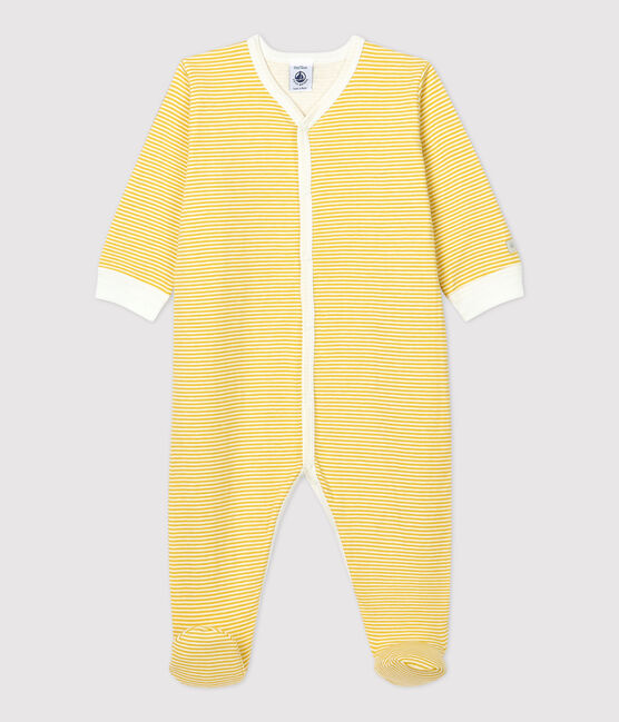 Tutina pigiama bebè millerighe giallo in cotone biologico giallo OCRE/bianco MARSHMALLOW