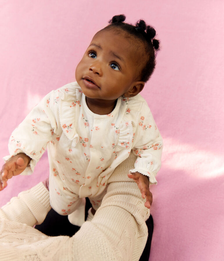 Tutina neonato in cotone a volant con stampa a fiori ecru/multicolore