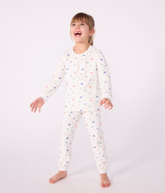 Pigiama in ciniglia con stampa a cuori bambina bianco MARSHMALLOW/bianco MULTICO