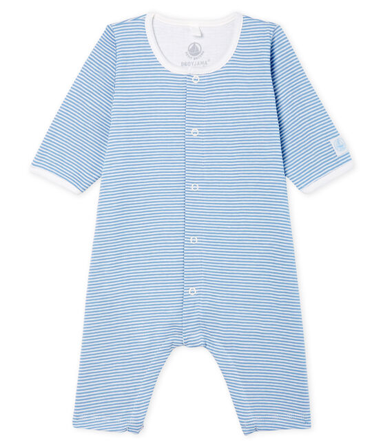 Bodyjama senza piedi bebè femmina a costine blu ACIER/bianco MARSHMALLOW