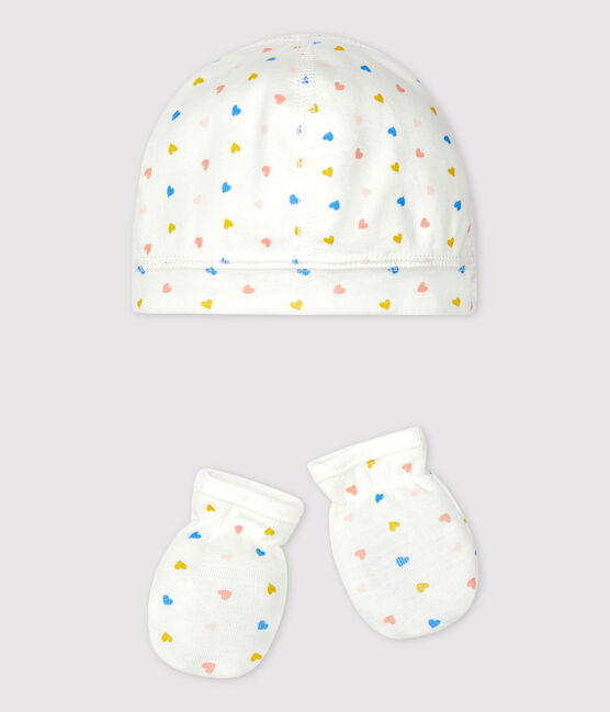 Confezione cuffietta e muffole a cuori in cotone variante 1