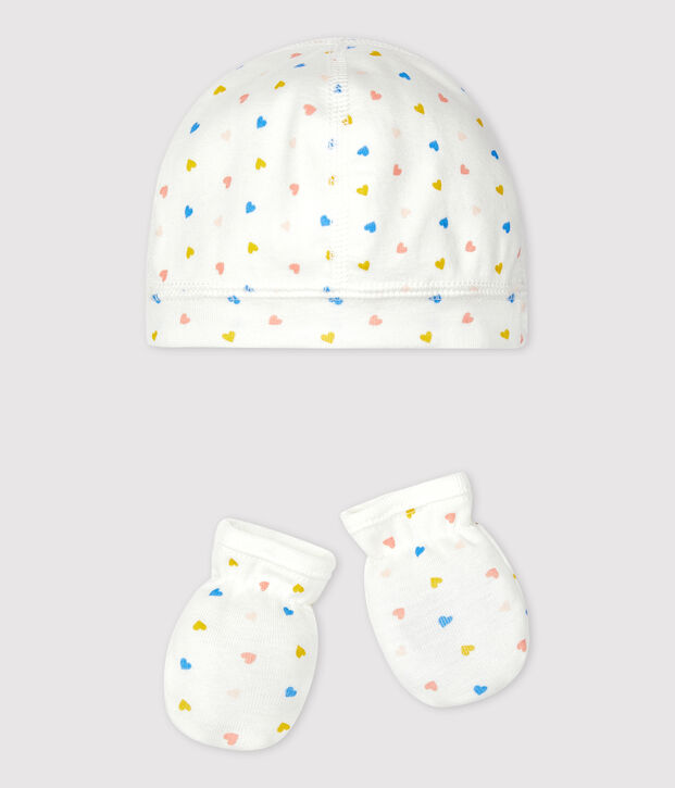 Confezione cuffietta e muffole a cuori in cotone multicolore