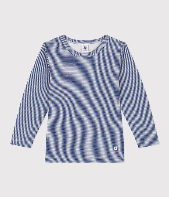 T-shirt a maniche lunghe rigata in lana e cotone da bambino blu MEDIEVAL/bianco MARSHMALLOW