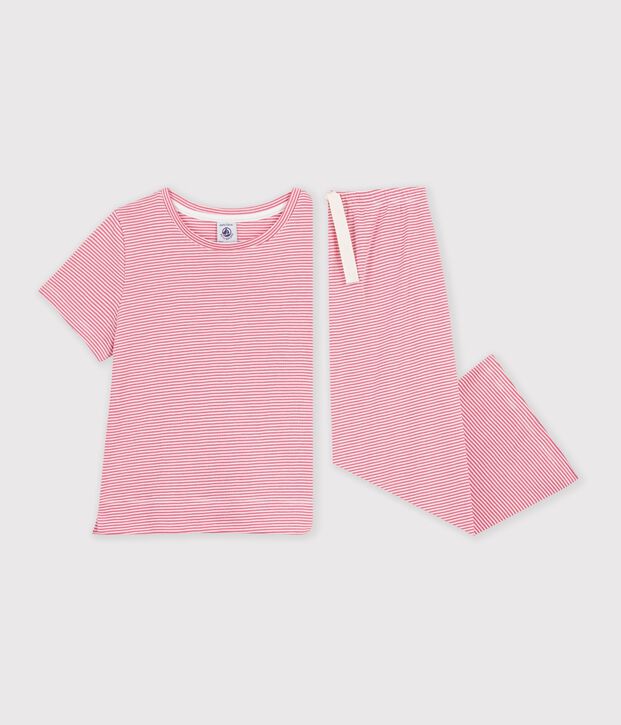 Pigiama a gamba ampia in cotone a righe bambina rosa/bianco