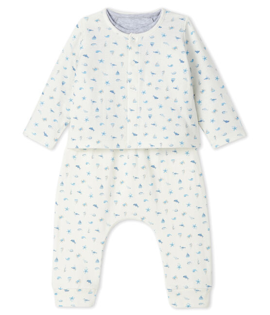 Completo 3 pezzi bebè unisex in tubique bianco MARSHMALLOW/blu TOUDOU/ MULTICO