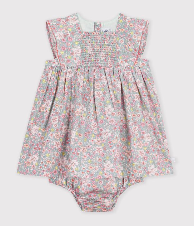 Abito neonata a maniche corte in cotone e bloomer abbinato con stampa a fiori blu/multicolore